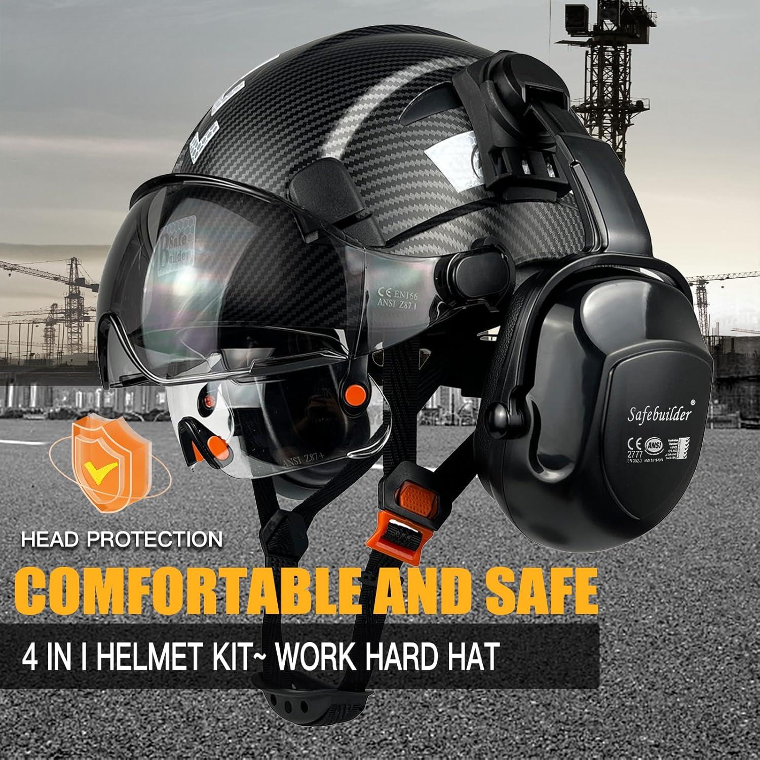 Industrial Safety Helmet with Visor Ear Muffs Hard Hat with Visor Vented Hardhats Construction Work Head Protection Face Shield Hearing Protection