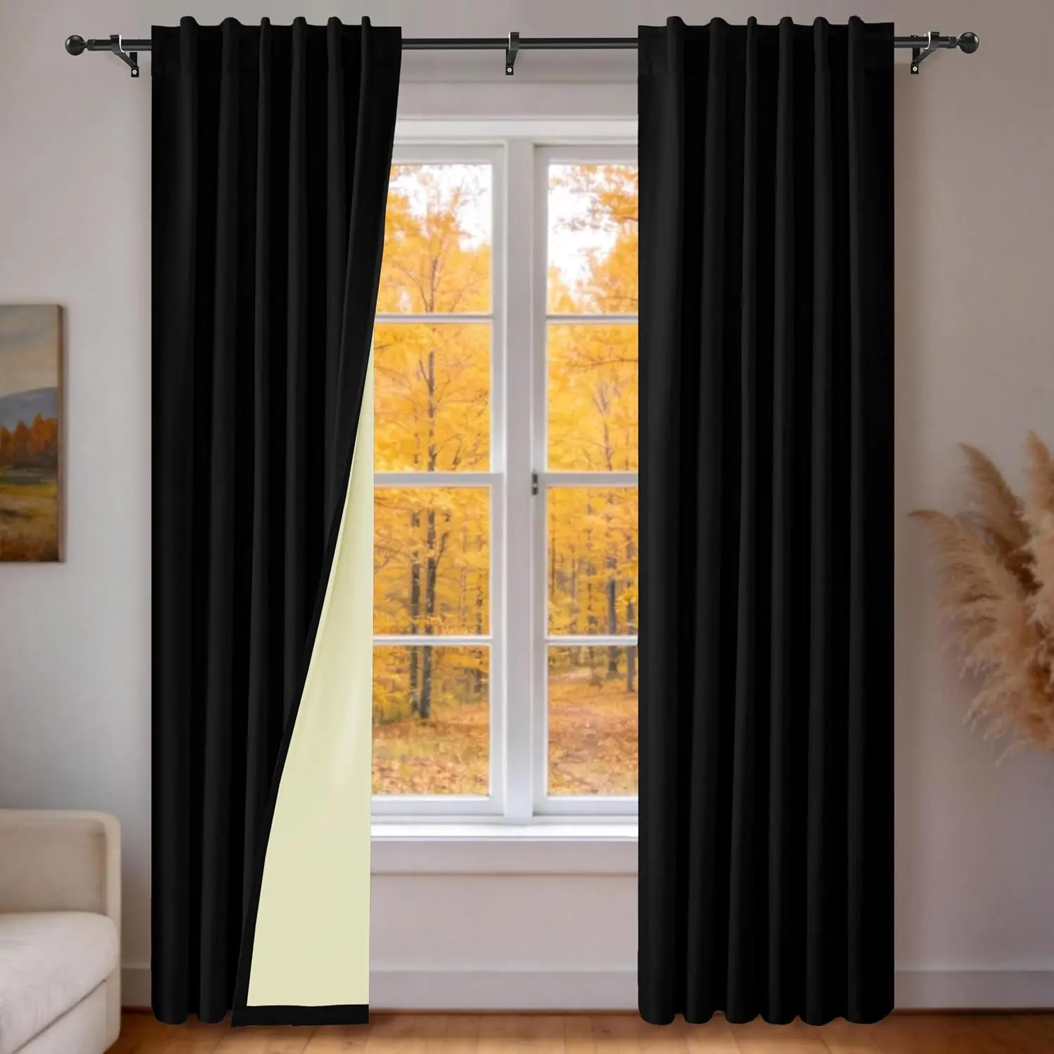 100% Blackout Back Tab/Rod Curtains 2P 42"x84"| Black Textured Thermal Light Blocking Soundproof,For Guest Bedroom Studio Home Office
