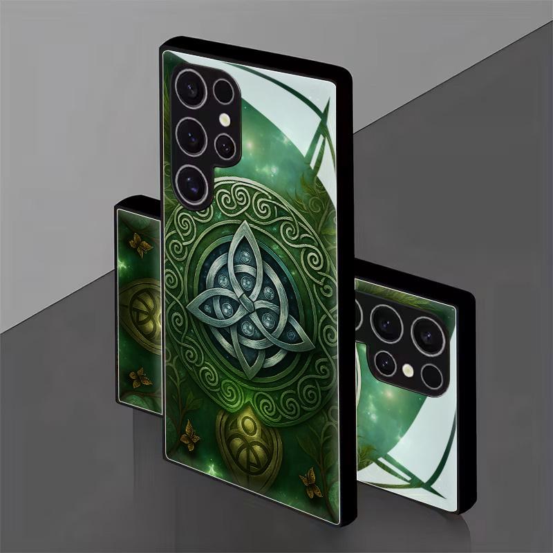 Mysterious Celtic Emerald Rune Black Tempered Glass Case, Suitable for Samsung Galaxy S26 S25 S24 S23 S22Pro S21 S20 Fe Plus Ultra Pro A56 A55 A54 A53 A52 A51 A36 A35 A34 A32 A26 A25 A24 A23 A16 A15 A14 A06 A05 A03s