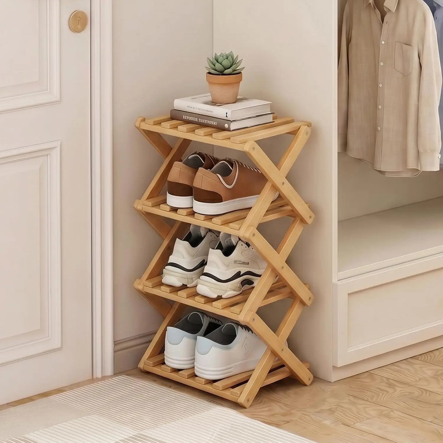 Narrow Shoe Rack, Foldable  Shoes Shelf for Small Spaces, Multifunctional Vertical Shoe Organizer Tall for Entryway, Closet, Corner, Bedroom, Hallway ( Color, 4 Layers)