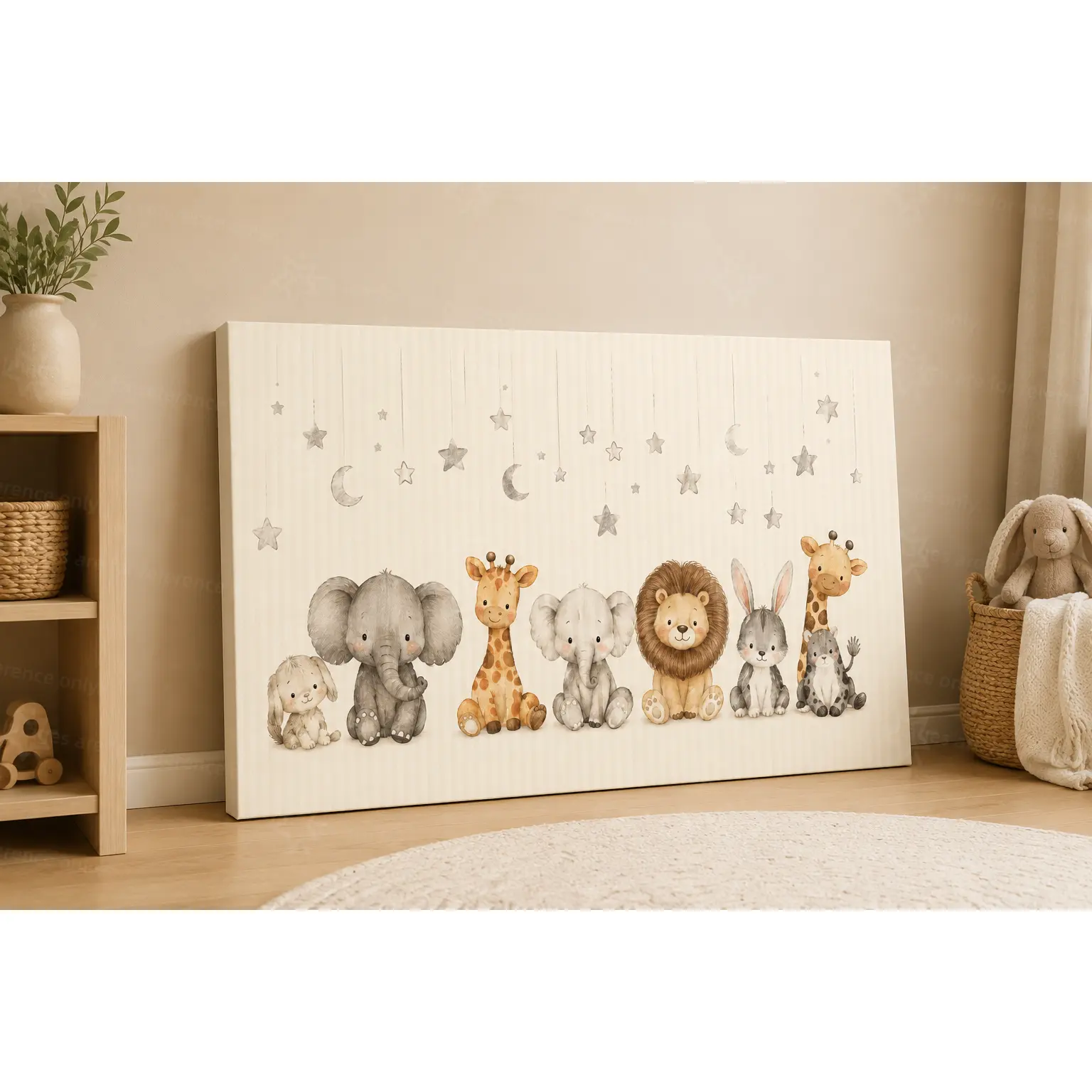 Cute Safari Nursery Animals Canvas Wall Art Print - Neutral Palette Watercolor Moon Star Decor, Baby Elephant Giraffe Lion Bunny Hanging Poster, Gift for Baby Shower Nursery Kids Room, Baby Shower Gift