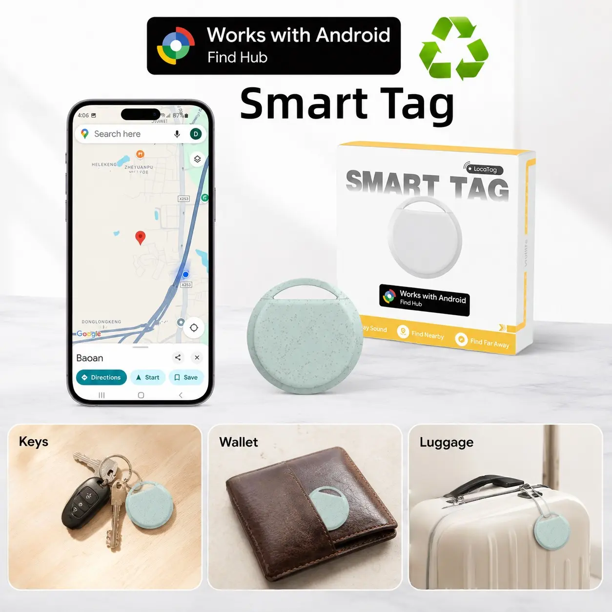 Rsh Mini Tracker Smart Tag, Google Find HUB APP Compatible, Real-Time Positioning, Portable Battery, for Wallet, Bag, Key, Travel Gift