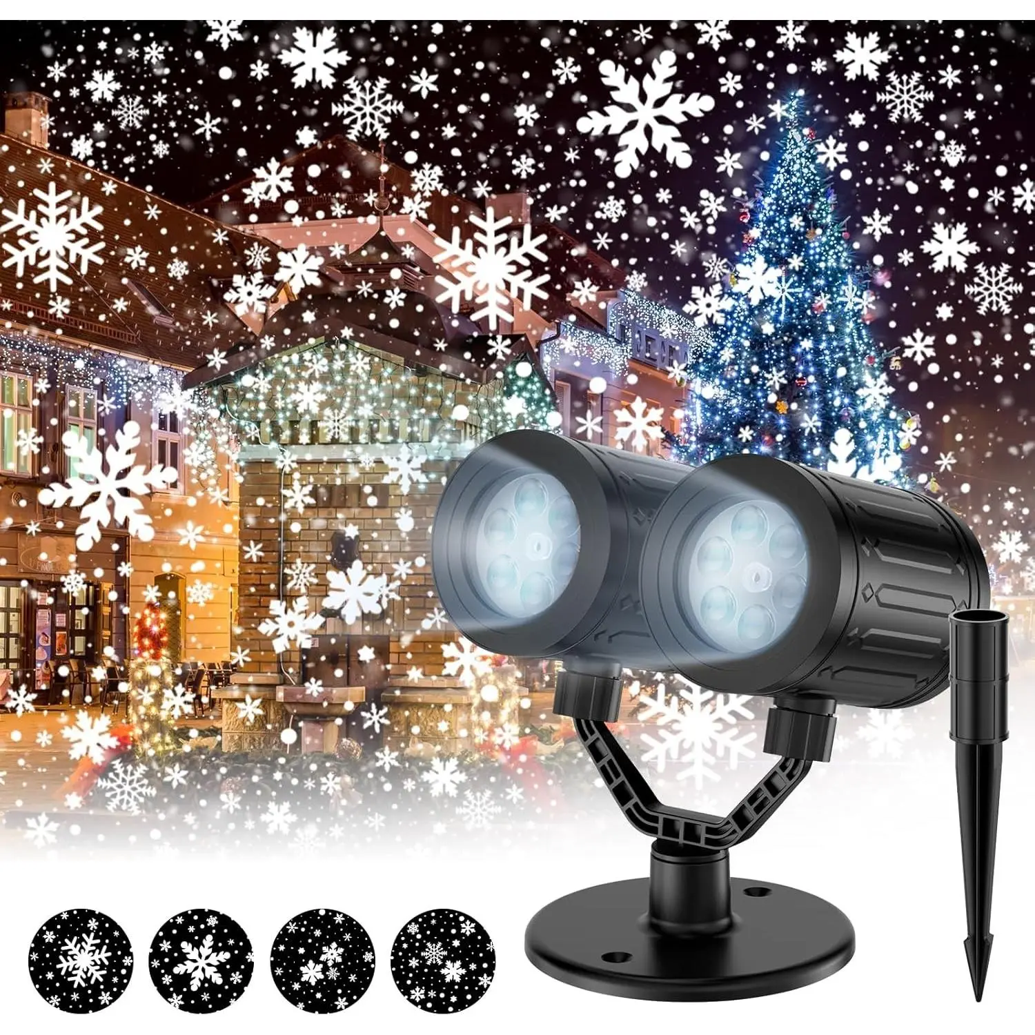 Christmas Snowflake Projector Lamp, Outdoor Waterproof Double-Head LED Snowfall Lights with Timer Setting, Landscape Decor for Xmas Holiday Garden Patio