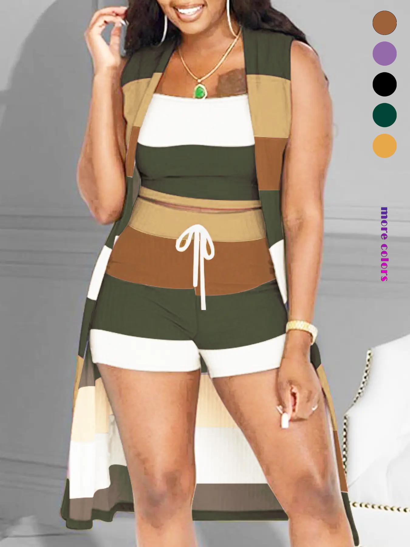 Three-Piece Set Women's Colorblock Striped Print Scoop Neck Crop Tank Top & High Waist Tie Front Shorts & Sleeveless Outerwear Set, Summer Outfits, Casual Everyday Set