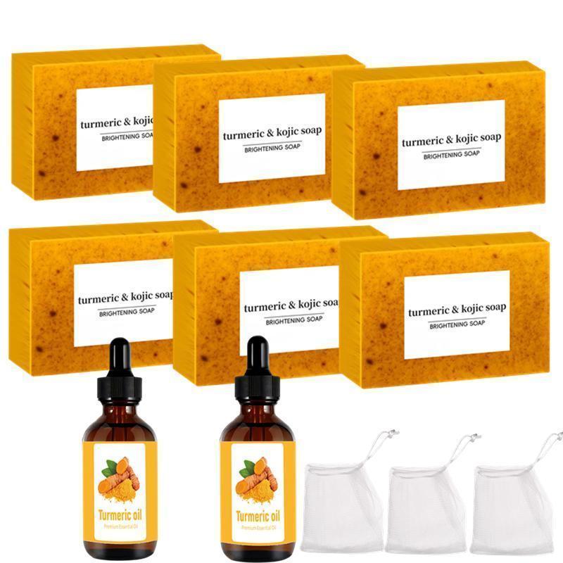 Turmeric Soap & Essential Oil Set, 6 Counts Turmeric Soap Bar & 2 Counts Turmeric Essential Oil & 3 Counts Foaming Net, Moisturizing Hydrating Moisturize Skin Care Set
