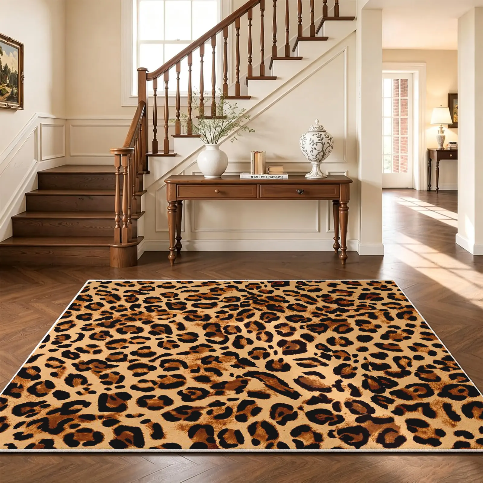 8x10ft Classic Leopard Area Rug, Neutral Beige Black Animal Pattern, Non-Slip Machine Washable Soft Faux Cashmere Carpet, Stain-Resistant Floor Rug for Living Room and Entryway Decor, Home Decor, (Various Sizes)