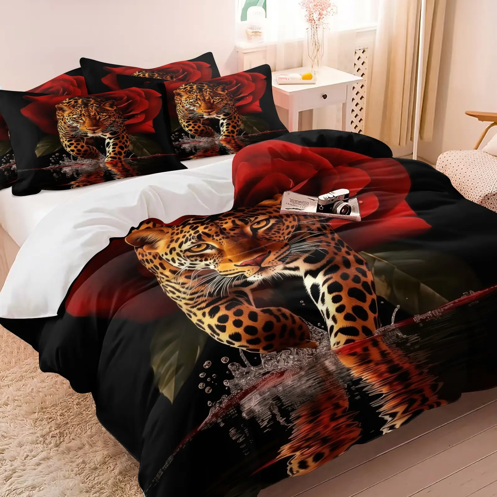 3PCS Dark Luxury Leopard Red Rose Duvet Cover Set (1 Duvet Cover + 1-2 Pillowcases), Black Base Jaguar Red Flower HD Digital Print, Soft Cozy Skin-Friendly All Seasons Bedding Set, Soft Bedding Sets, Perfect for Dark Wild Aesthetic Adult Bedroom Decor