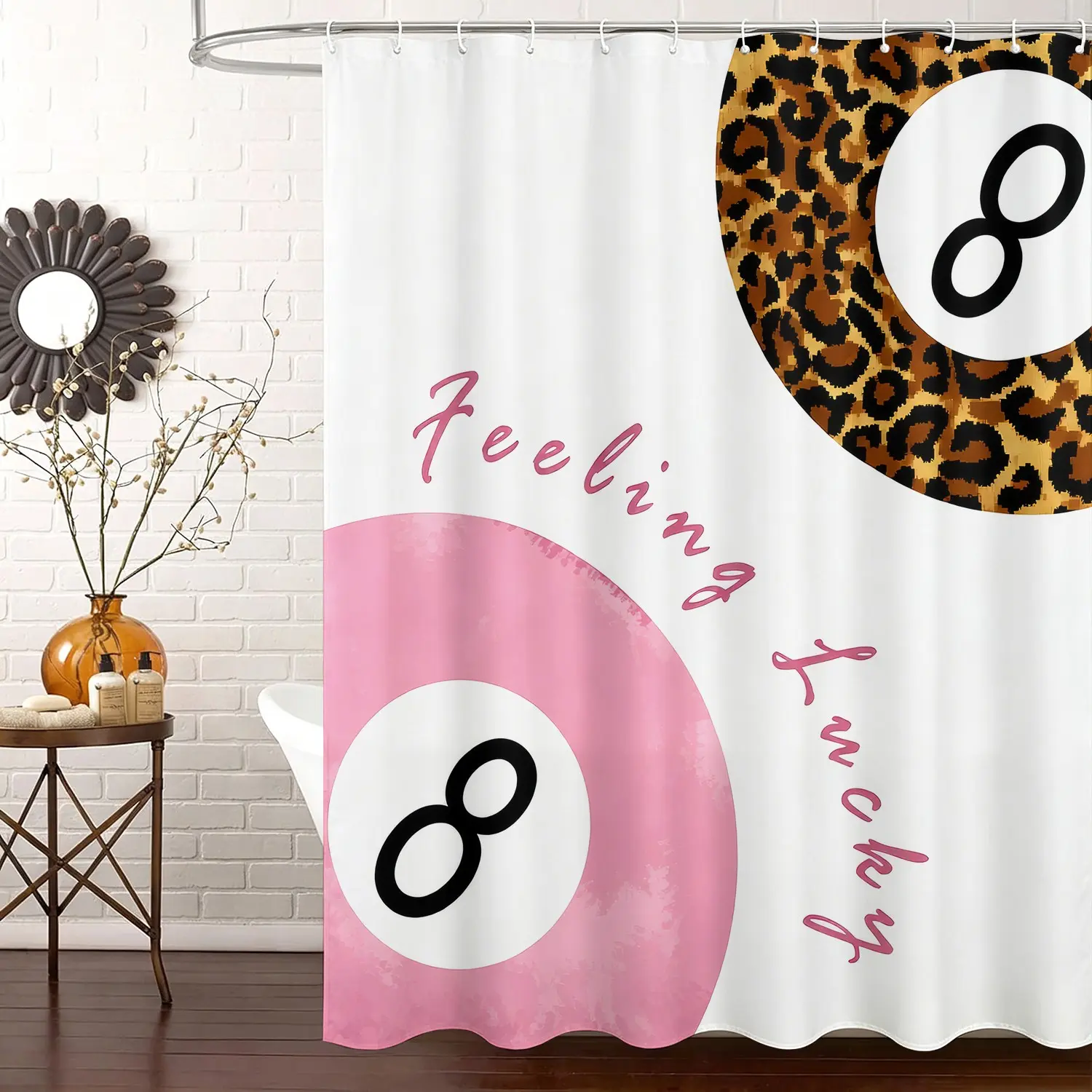 Pink Leopard Lucky 8 Ball Shower Curtain Set, Waterproof Cloth Fabric Bathtub Curtain 72"x72" with 12 Hooks, Soft Preppy Girly Aesthetic, Cute Gift Bathroom Decor Accessories for Teen Girls, Leopard Print Shower Curtain