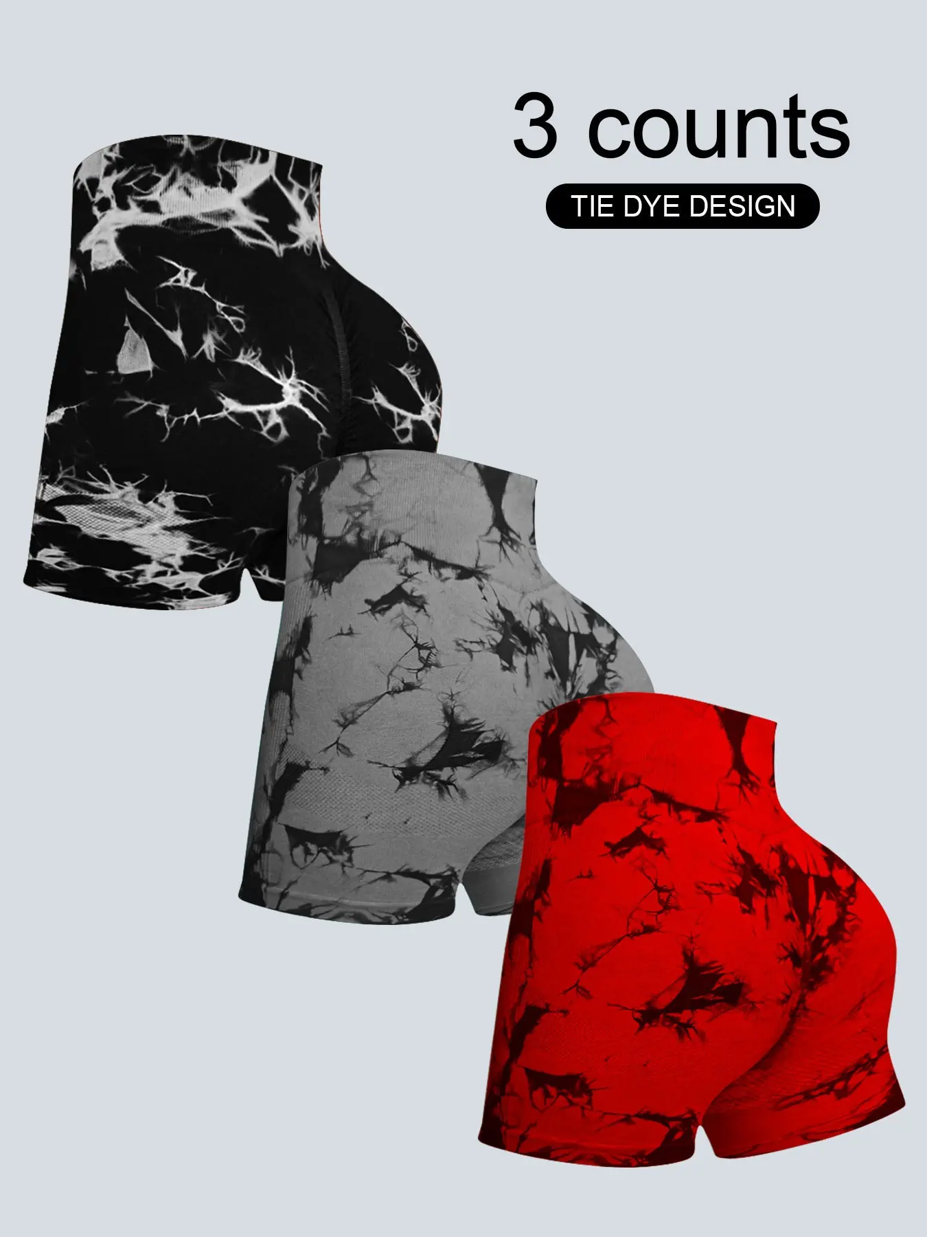 Women's Sporty Tie Dye Yoga Gym Shorts, High Elasticity, Waist Cinching, Breathable, 3-Pack, Ideal for Yoga & Daily Wear