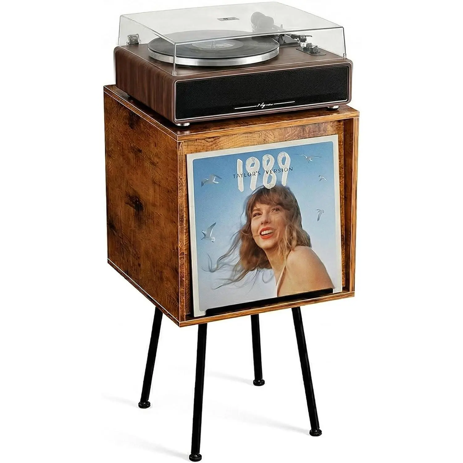 Flip Top Record Player Stand, End Table Holds up to 100 Albums, Turntable Stand with Record Display, Vinyl Record Storage for Living Room, Bedroom, Rustic Brown