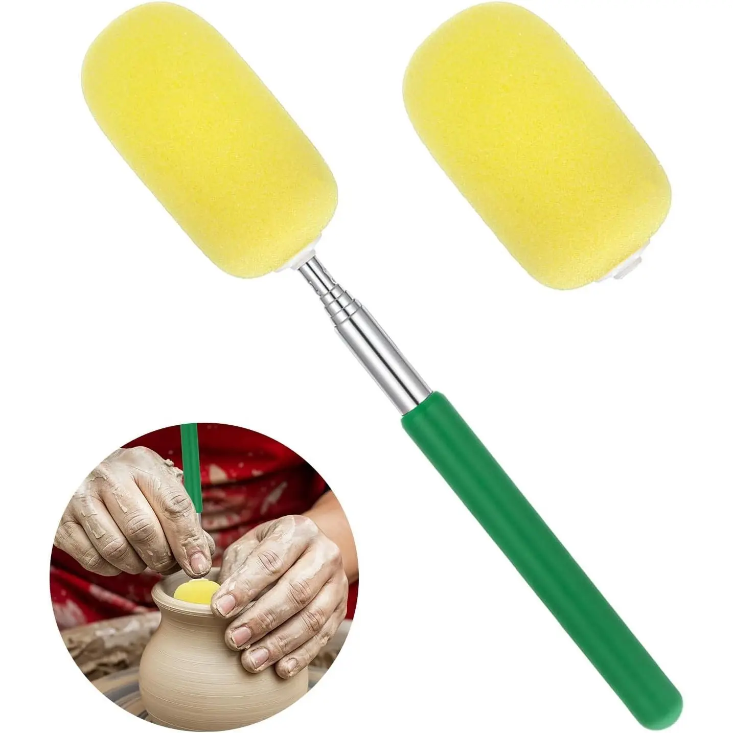 Telescoping Sponge Stick for Pottery, Sponge on a Stick Pottery Tool, Remove Excess Water from Tall Narrow Ceramic, with 2 Detachable Sponge Heads (10"-38" Long)