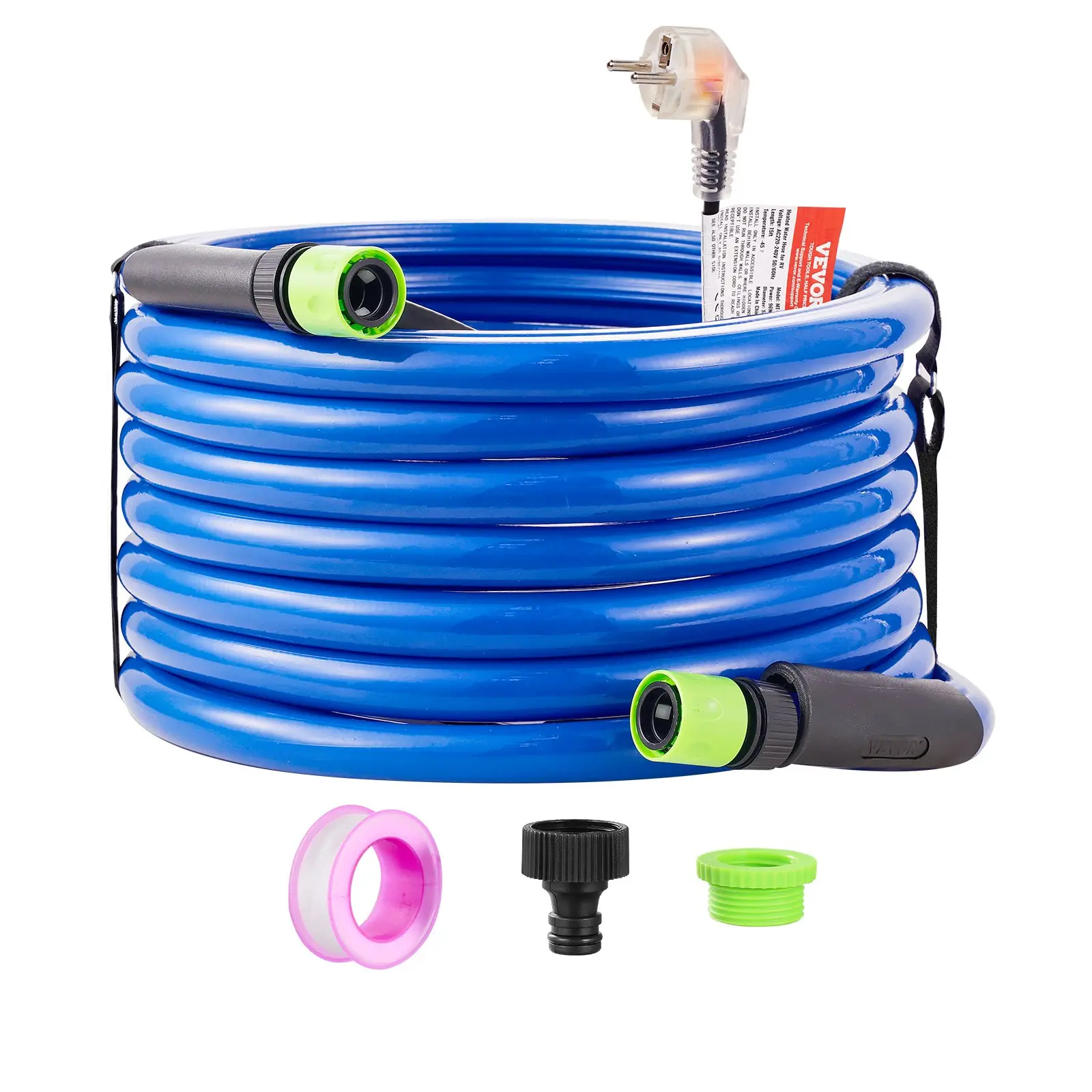 VEVOR MT-130-25ft Heated RV Drinking Water Hose, -45°F Heat Res. Antifreeze, Automatic Self-Regulating, 5/8" I.D. with 3/4" GHT Connector, Lead-Free PVC, Crystal Plug, BPA-Free
