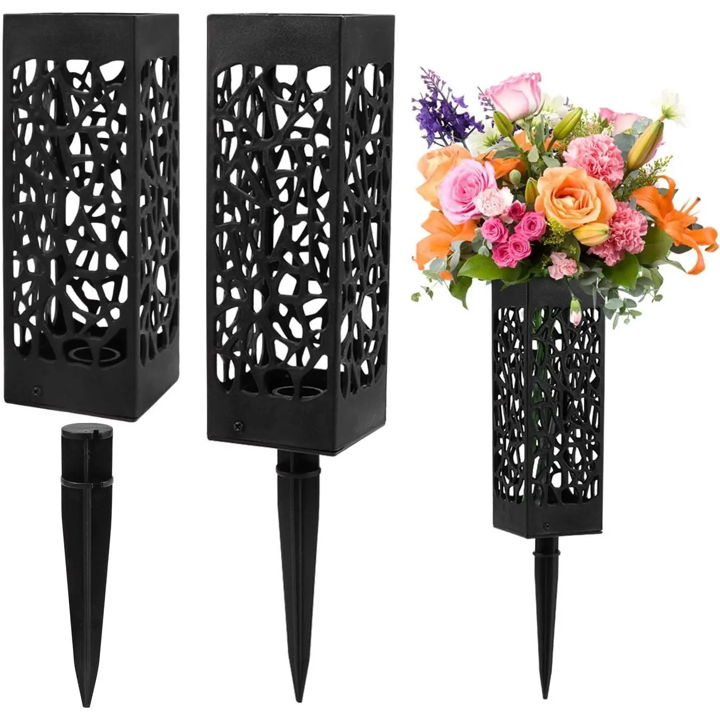 2 count Cemetery Vases for Grave, 12 inch Memorial Cemetery Floral Holder Grave Vase in Ground, Floral Vase Cones with Stake & Drainage Holes for Gravestone Grave Yard Decoration