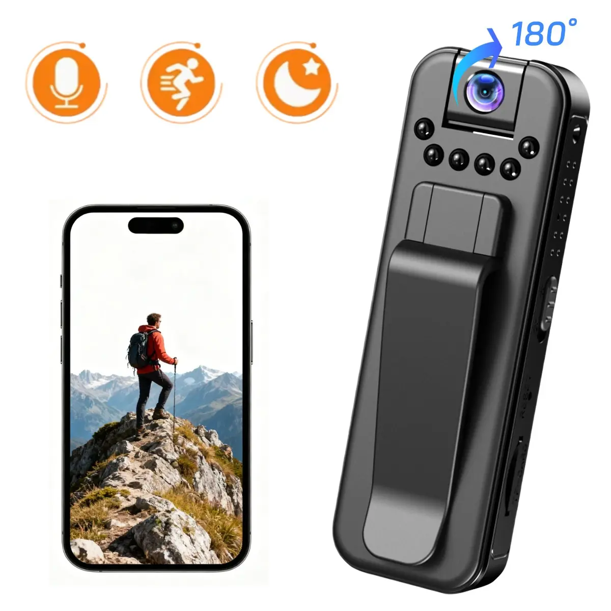 Wearable 1080P FHD Action Camera, Portable Body Cam, Video Recording Camera, Sports Camera with WiFi Hotspot, IR Night Vision, 180° Rotatable Lens, Hands-Free Clip Design for Vlogging, Biking, Hiking, Skiing, Ideal Birthday Gifts for Outdoor Lovers