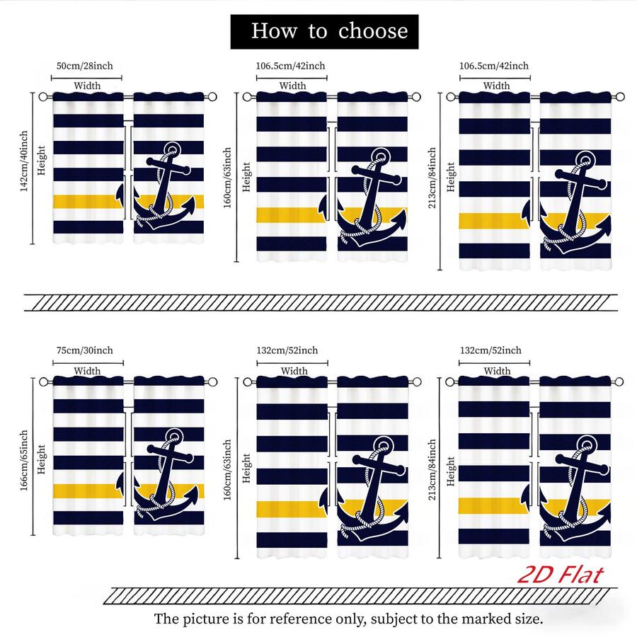 2Pcs Nautical Style Anchor Horizontal Stripes Sun Blocking Curtains Digital Printed Rod Pocket, Window Treatment For Bedroom Office Kitchen Living Room Study Home Decor