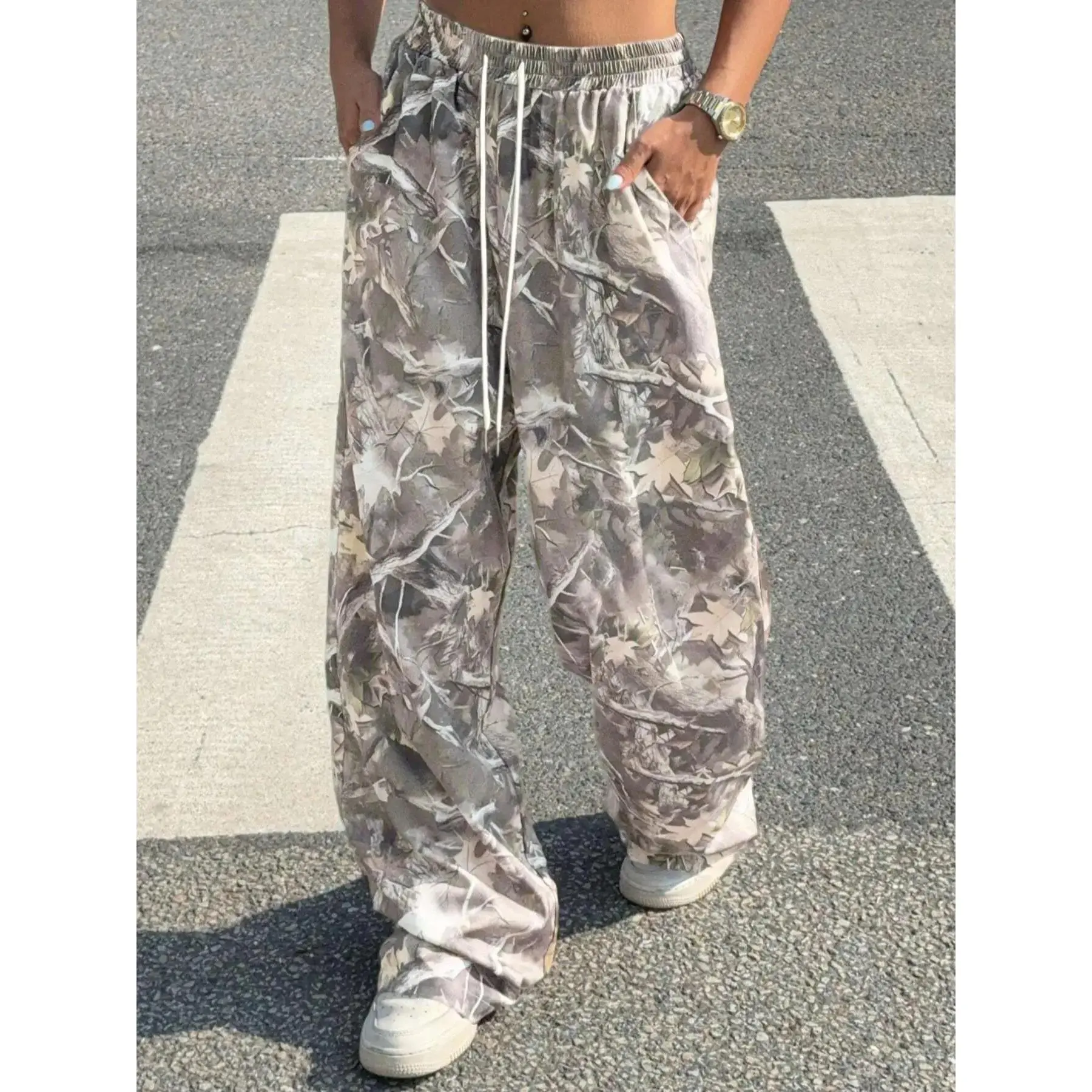 Women's Camo Print Tie Side Drawstring Knit Sweatpants, Casual Comfy Loose Wide Leg Trousers for Daily Wear, Ladies Bottoms for All Seasons
