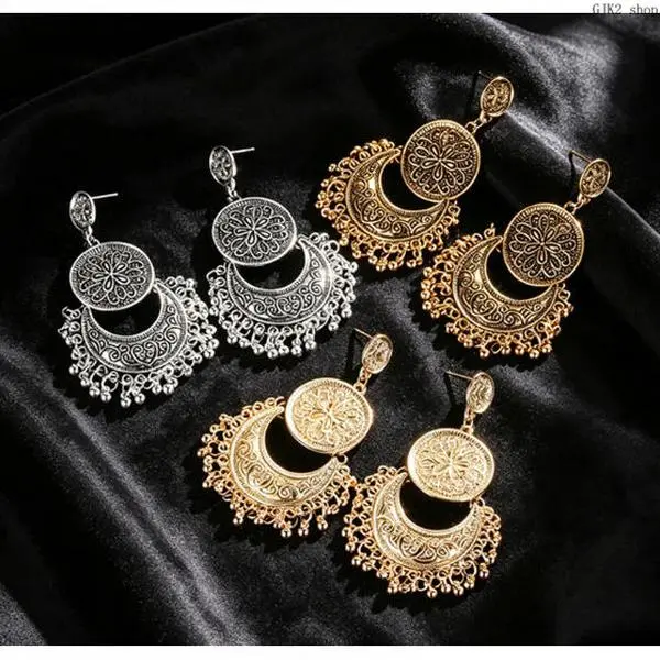 Vintage Boho Drop Earrings for Women, Layered Moon & Floral Tassels, 2-Tone Alloy Plated Ethnic Gypsy Jewelry for Festivals, Festival Outfits, Floral Motifs, Moon Shapes, Folk Earrings