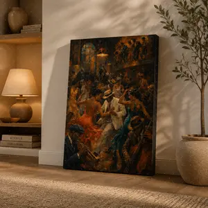 Vintage Jazz Dance Canvas Wall Art, Retro Music Club Party Painting Poster, Warm Ballroom Scene Wall Decor, Living Room Bedroom Office Decor, Unframed Canvas Poster or Framed Canvas Wrap