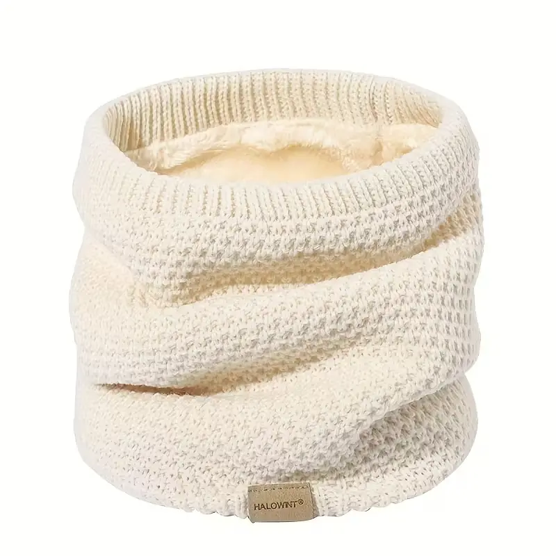 Thick Warm Knitted Scarf with Fleece Lining, Windproof Outdoor Skiing Cycling Neck Warmer, Simple Design Couple Winter Accessory