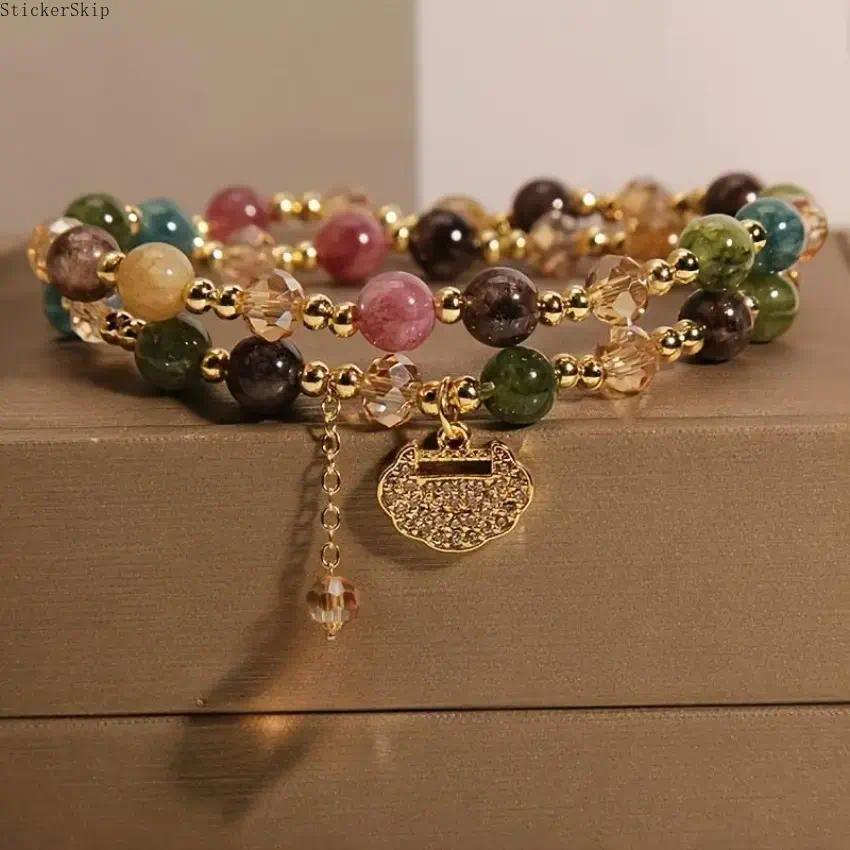 2026 NEW Double Layer Rainbow Tourmaline Round Bead Bracelet, Bohemian Jewelry for Daily Wear, Yoga, Gifting, Featuring Longevity Lock Charm, Color Design