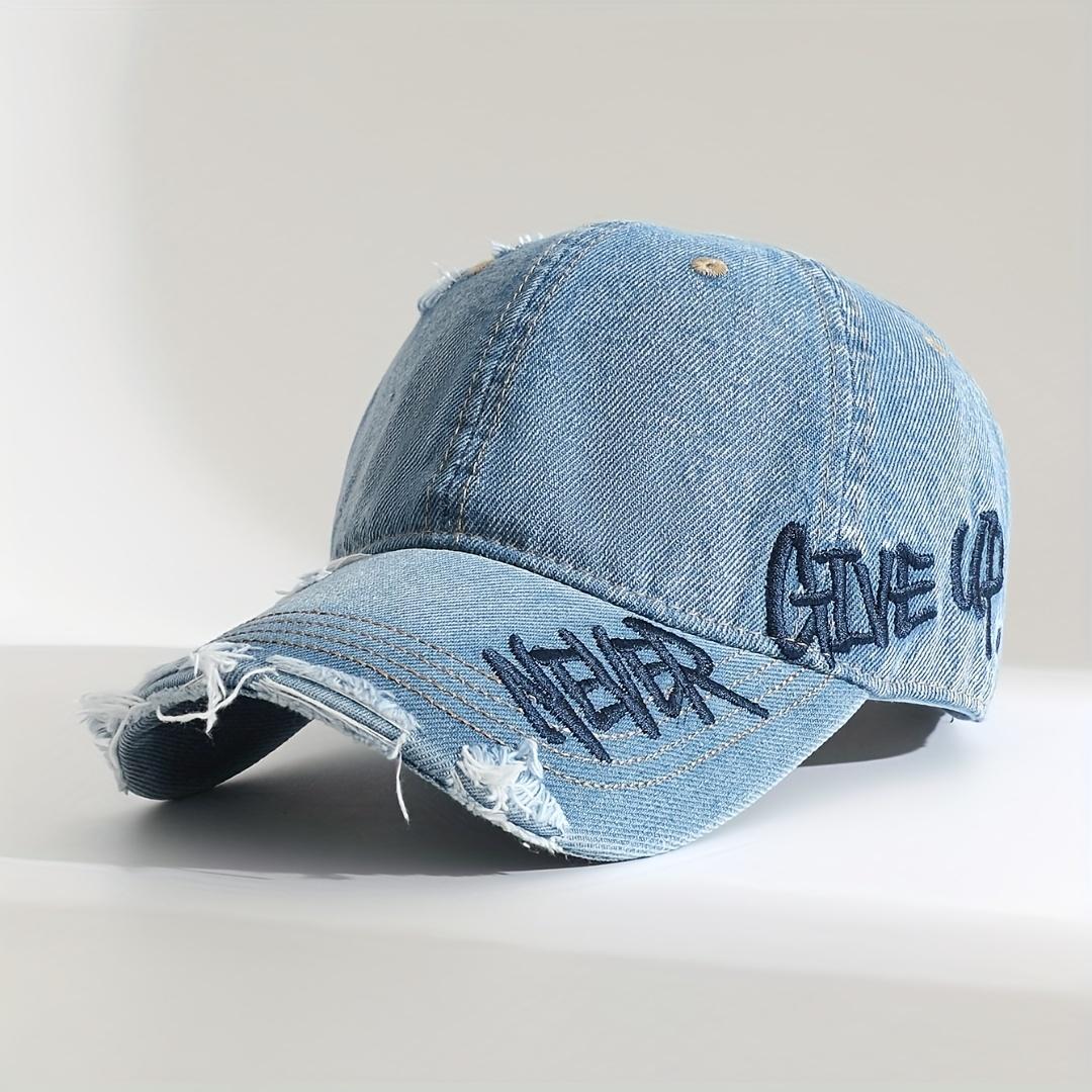 Two-pack of women's hats, stylish retro washed and distressed blue baseball caps, with vintage lettering embroidery on the sides, frayed brim, simple wide brim that shows off the face, windproof hiking hats, unisex and versatile style, adjustable size.