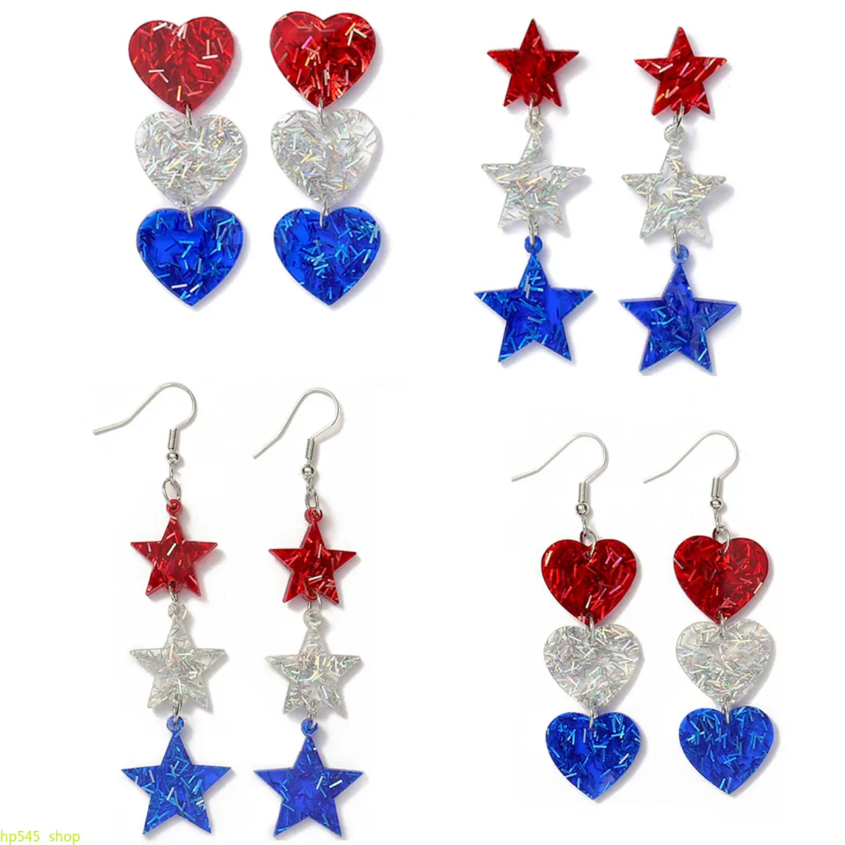 Women's America-Themed Fashion Earrings, Cross-Border Hot Sale Patriotic 4th of July Dangle Earrings, Red White Blue Glitter Acrylic Star & Heart Jewelry, Lightweight Festival Holiday Matching Accessories, Earrings For Women