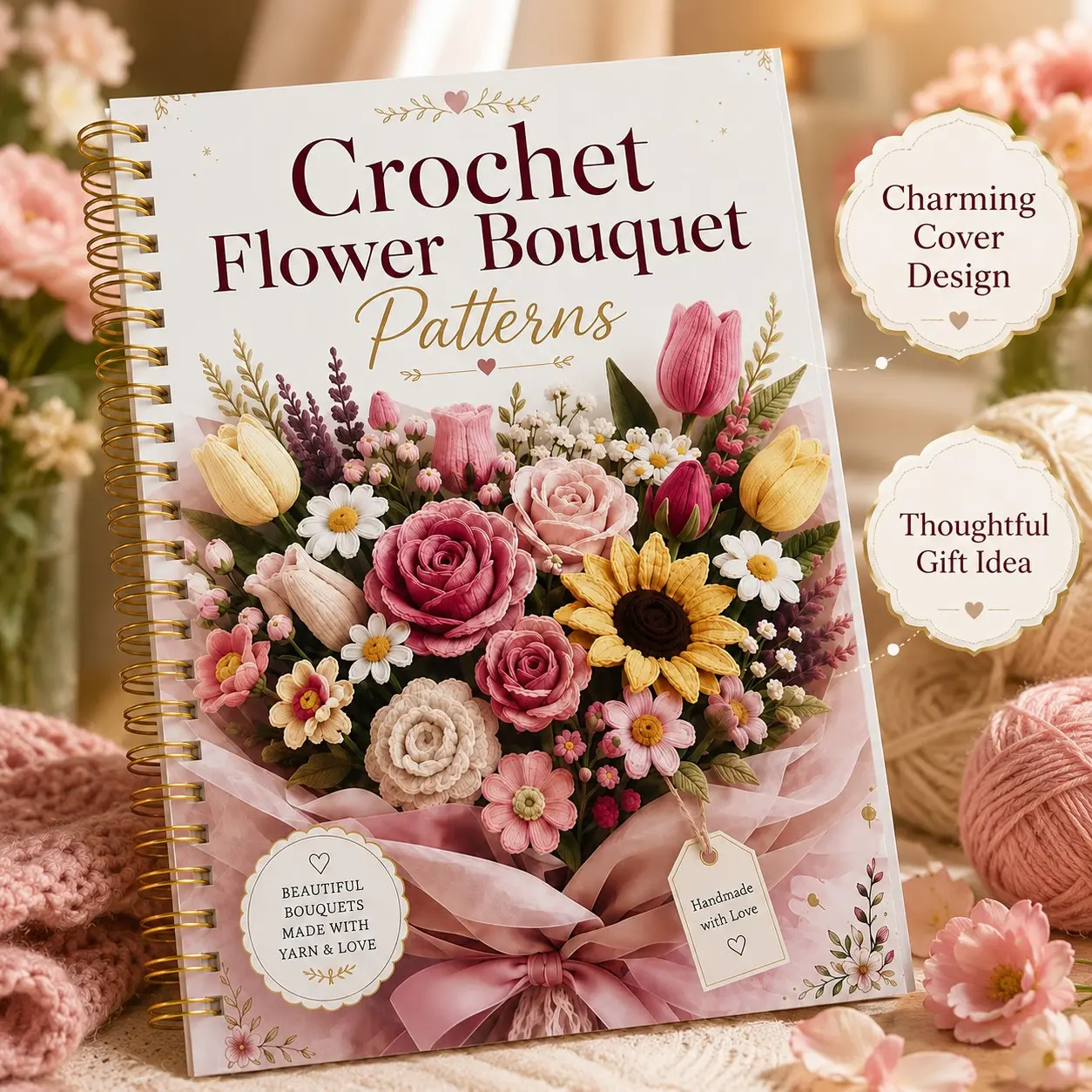 Crochet Flower Bouquet Book, Easy Step-By-Step Tutorial, Learn to Crochet Beautiful Handmade Flowers, Includes Roses, Tulips, Sunflowers, Daisies, Crochet Patterns