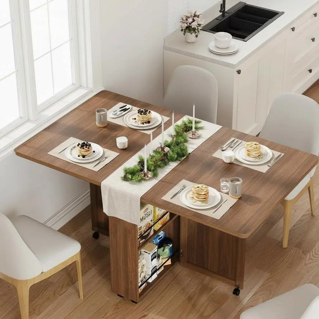 Compact Foldable Rectangular Wood Dining Table - Mobile Kitchen Table with 6 Wheels, Storage Drawer, Shelves for Small Spaces Efficient Dining Solutions