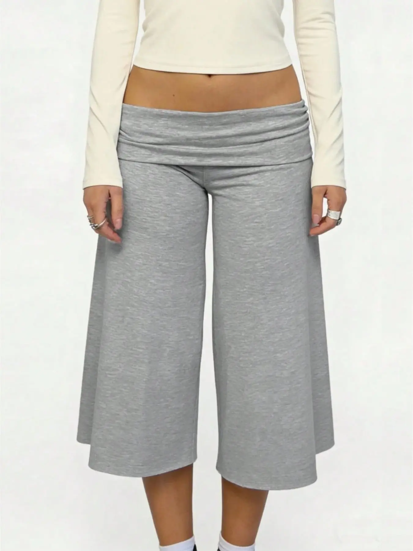 Foldover Low Waist Loose Flowy Wide Leg Capri Pants Y2K Aesthetic Casual Loungewear Streetwear Workout Yoga Bottoms Slimming Hip Coverage Relaxed Fit Summer Trendy TikTok Viral Cropped Trousers Lazy Daily Outfit Comfy Going Out Calf Length Pants Women War