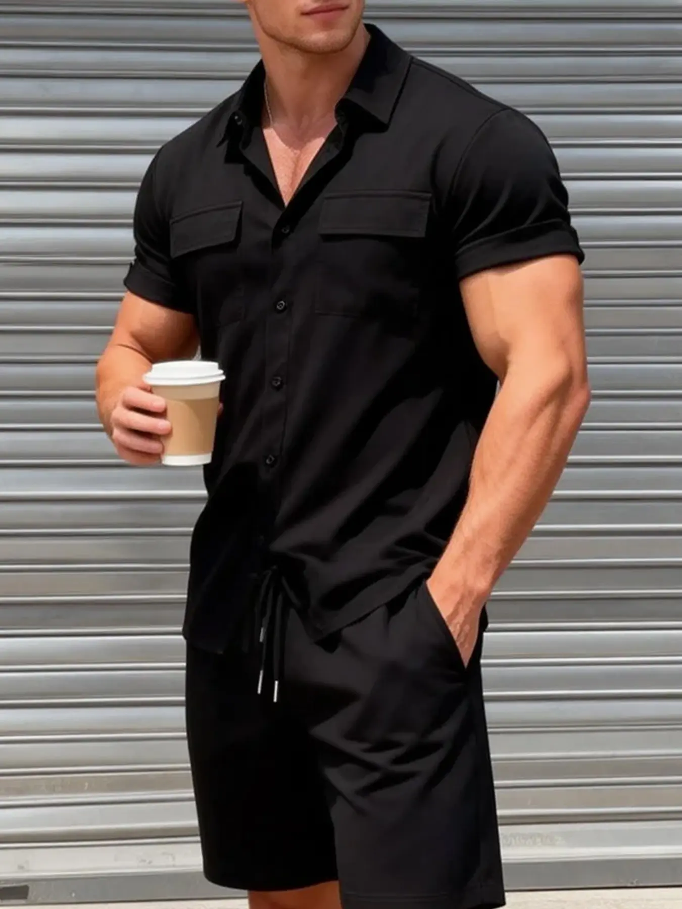 Summer Men 2 Piece Matching Tracksuit, Double Chest Pocket Lapel Collar Short Sleeve Shirt + Elastic Waist Drawstring Casual Shorts, Breathable Wrinkle Resistant Woven Outfit For Work City Daily Street Style Home Wear