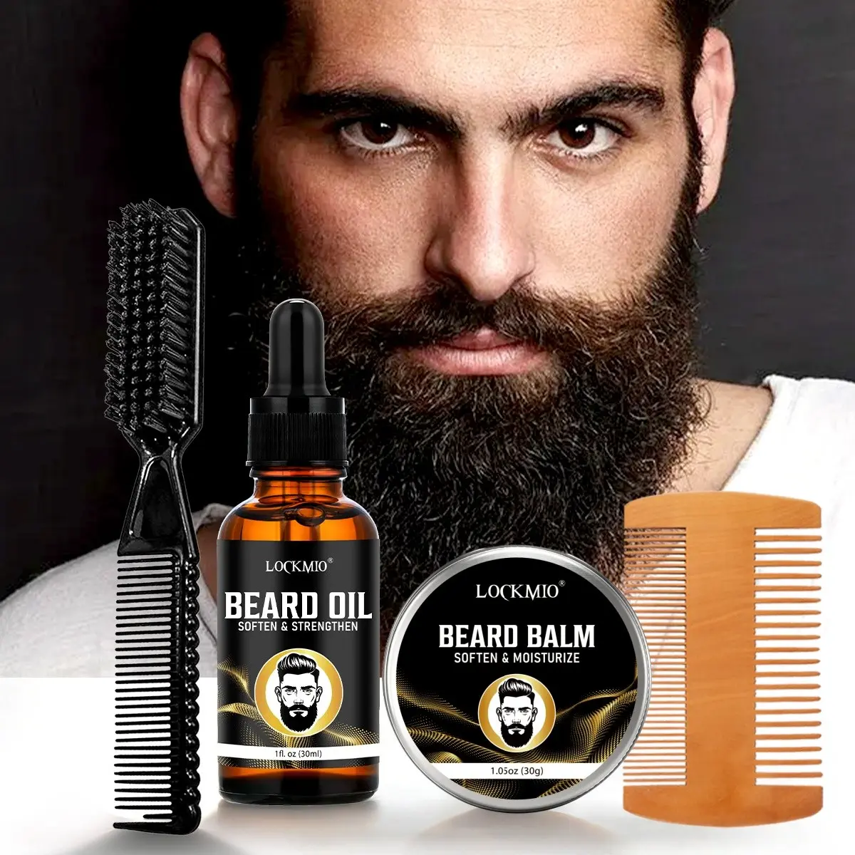 4pcs Men's Beard Care Set Including beard essential oil and beard balm Daily maintenance for beard roots and beard massage Smooth frizzy beards, hydrate, soften hair and boost luster Comes with double-sided beard comb & brush tool