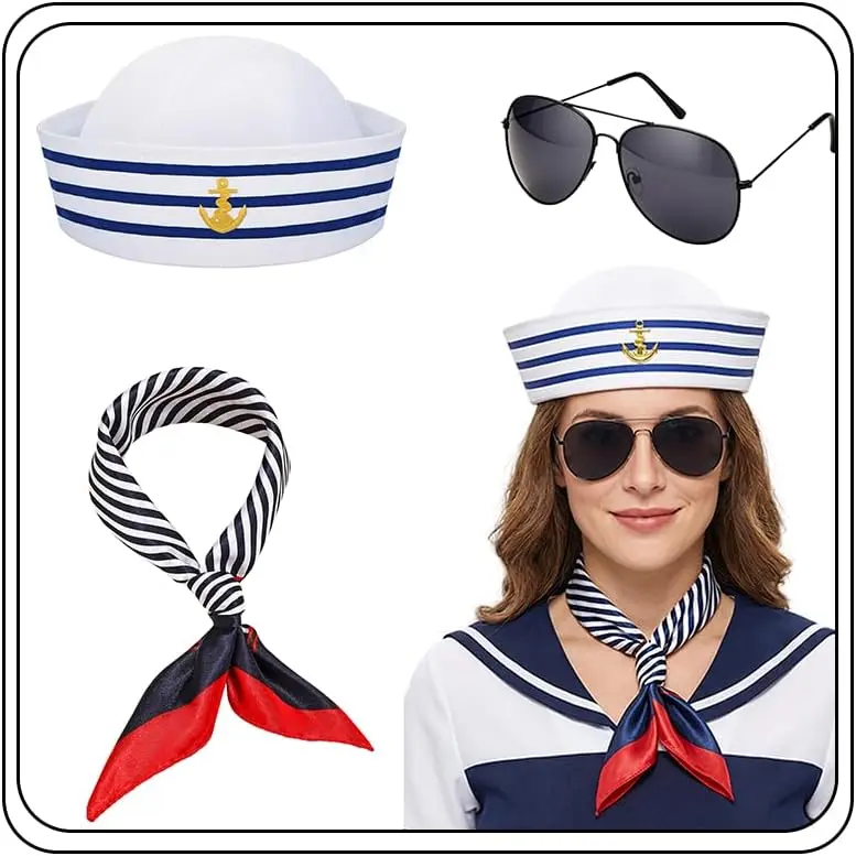 3PCS Yacht Captain Sailor Costume Set for Women Men Party Decor| Navy Blue with White Sailor Hat,Stain Scarf,Sunglasses,Rock Navy Costume Sailor Accessories,Captains Dressing up Party : Clothing, Shoes & Jewelry Womenswear Cosplay Cosplay