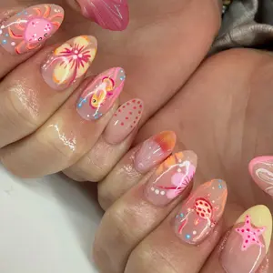 24pcs Medium Long Almond Shape Fake Nails, Gradient Base, Colorful Polka Dots, Ocean Theme, Women's Travel Party Nails
