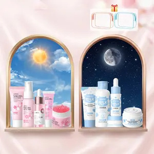 LAIKOU Complete Day & Night Skincare Kit, 12-Piece Sakura and Milk Face Care Routine Set with Transparent Cosmetic Bags, Essential Daily Cleanser, Facial Mist, Serum, Moisturizer & Lip Care Gift Set for and Skincare Beginners