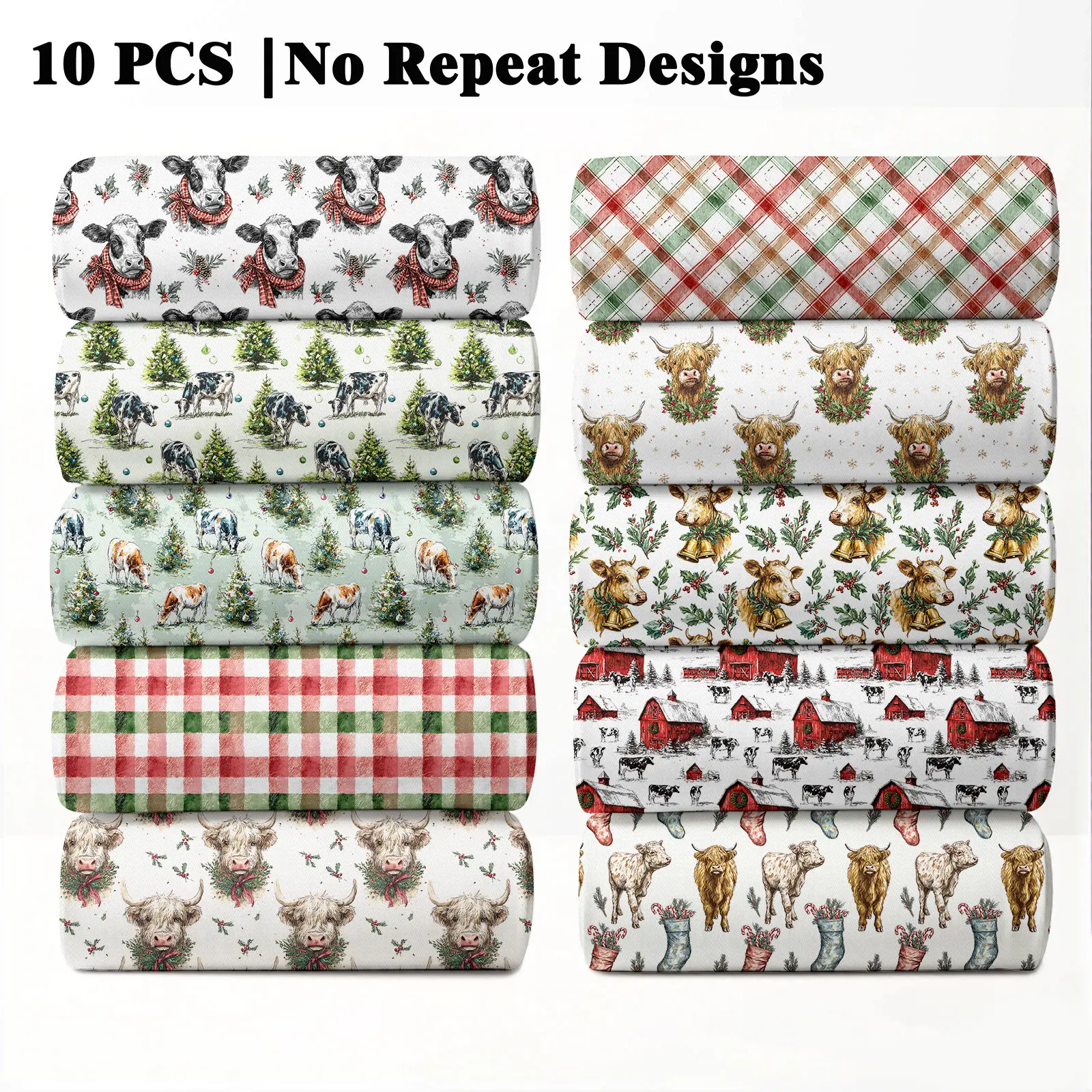 10PCS Country Cow Christmas Print Cozy Fabric, 23x55cm (9x22in) Farm Animal Holiday Pattern Quilting Home Decor DIY