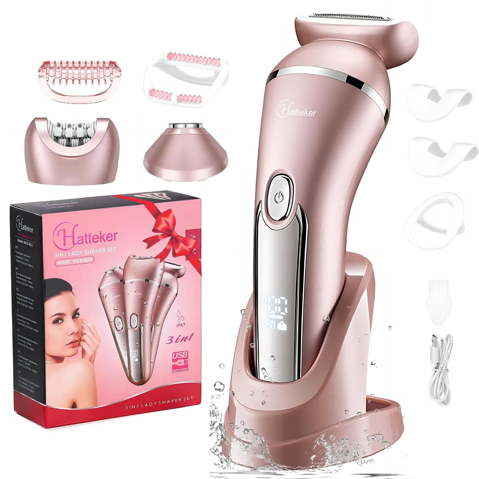 Hatteker 3 in 1 Women's Electric Shaver, Electric Hair Shaver for Arms Legs Body Hair Trimming, USB Charging Gentle Hair Trimmer with Replacement Heads, USB Rechargeable Trimmer