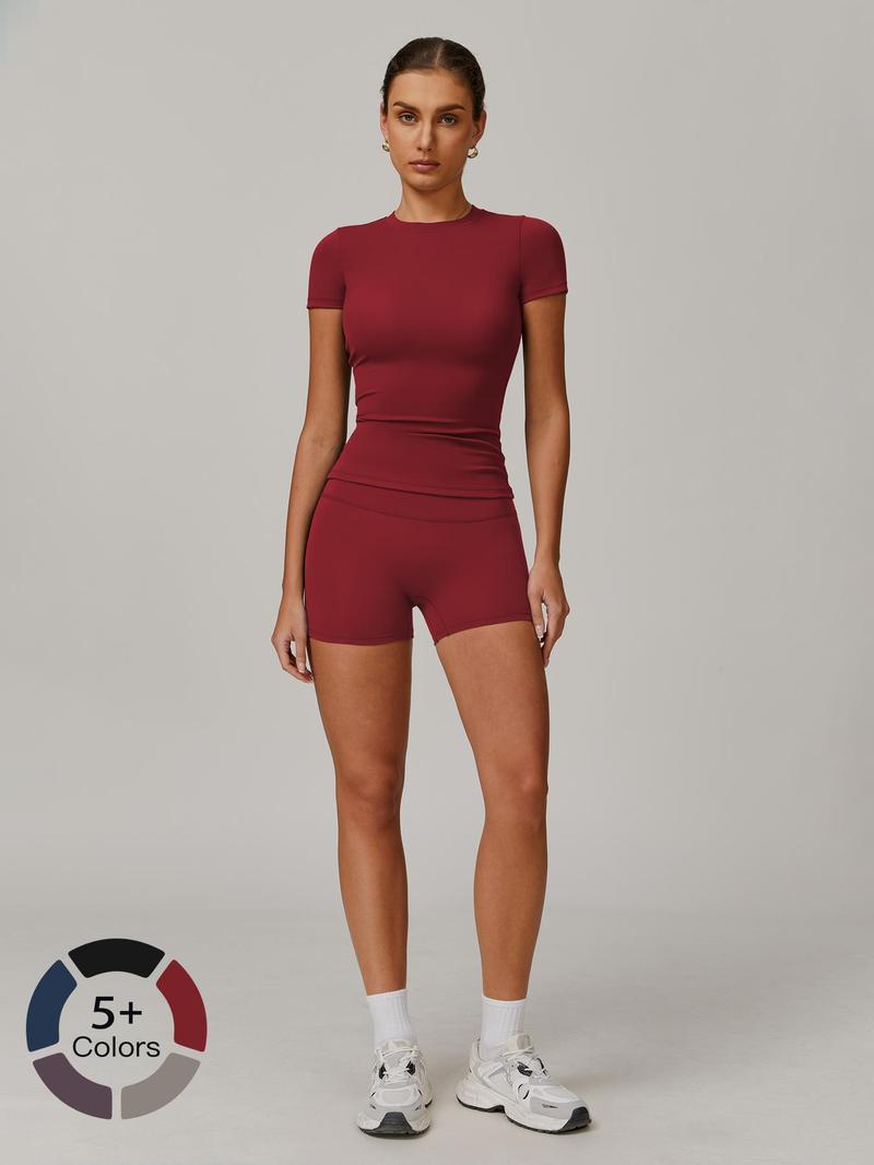 Women's Solid Ribbed Crop Tee & High Waist Shorts Set, Quick Drying for Yoga Gym Workout Running, Ladies Sportswear for All Seasons, Workout Sets Women, Women Workout Clothes, Fitness Clothing, Casual Activewear, Fitness Summer Bottoms