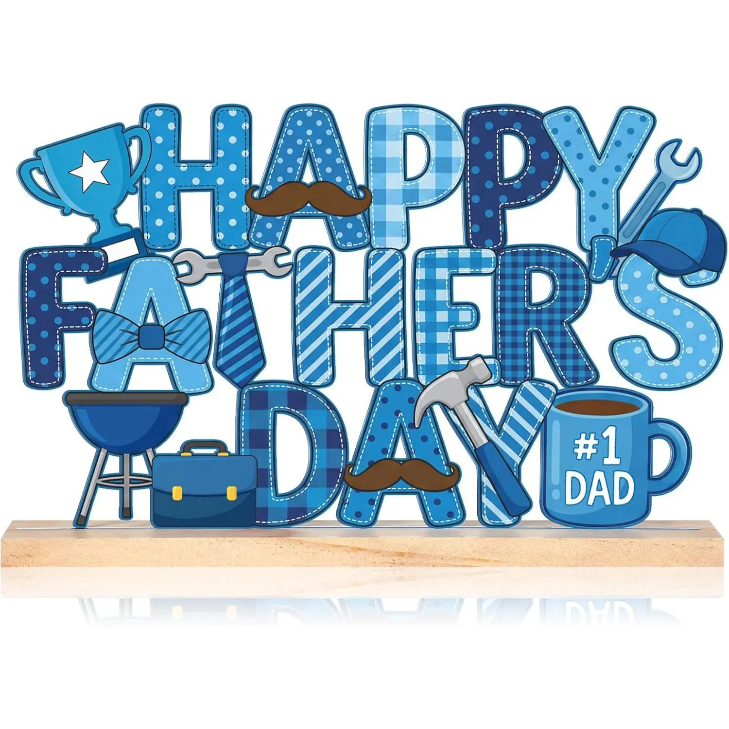 Metal Happy Father's Day Tabletop Sign Father's Day Table Decoration Centerpiece Freestanding Holiday Tiered Tray Decor with Wooden Base for  Office Desk Shelf Mantel Fireplace Party