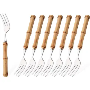 8 PCS Small Fork, 6.3 Inches Stainless Steel Dessert Forks with Bamboo Handle, Kitchen Flatware Cutlery Set for Tasting Cakes Fruits and Appetizer, Mirror Polished