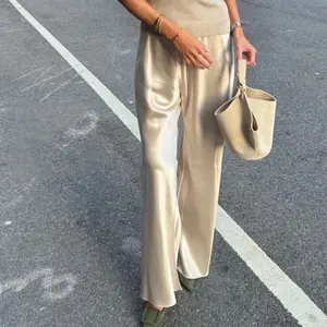 Satin Silk Wide Leg Pants for Women High Waist Baggy Pants   Elegant Lady Party Long Trousers Female Going Out Buttoms