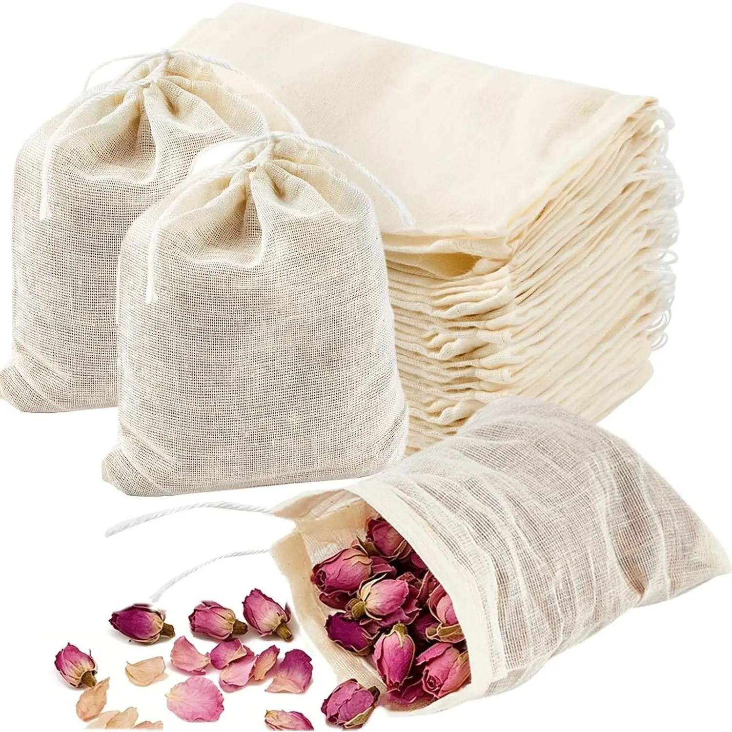 50 Pcs 3x4 Inch Muslin Drawstring Bags, Reusable Natural Cotton Unbleached Tea Bags for Loose Leaf Tea, Spice & Herb Sachet Bags for Cooking Soup, Empty Cheesecloth BagsGift