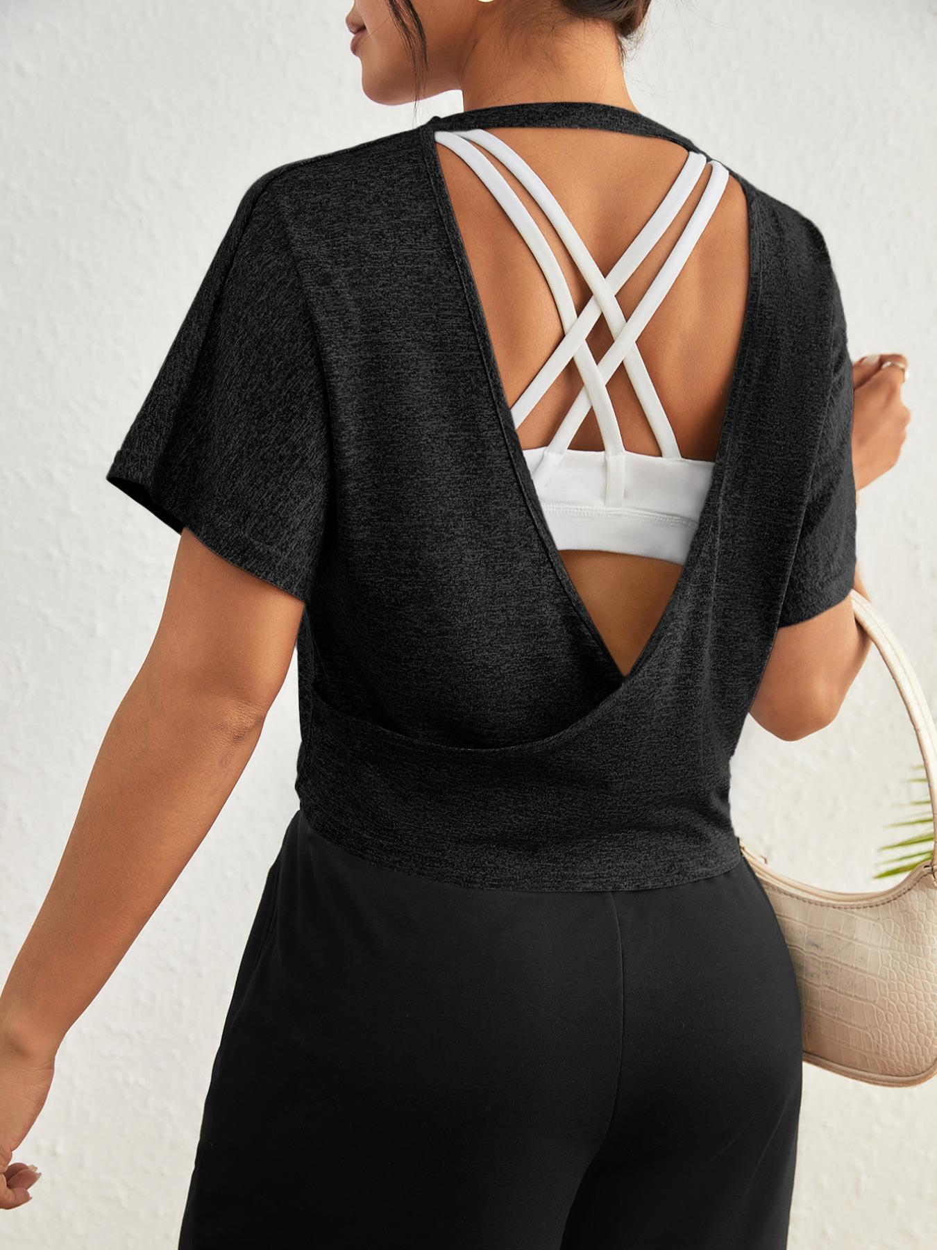 Women's Plain Backless Sports Tee, Casual Cut Out Batwing Sleeve Round Neck Sports T-shirt for Summer, Ladies Sportswear for Indoor Outdoor Wear Hollow Back Activewear