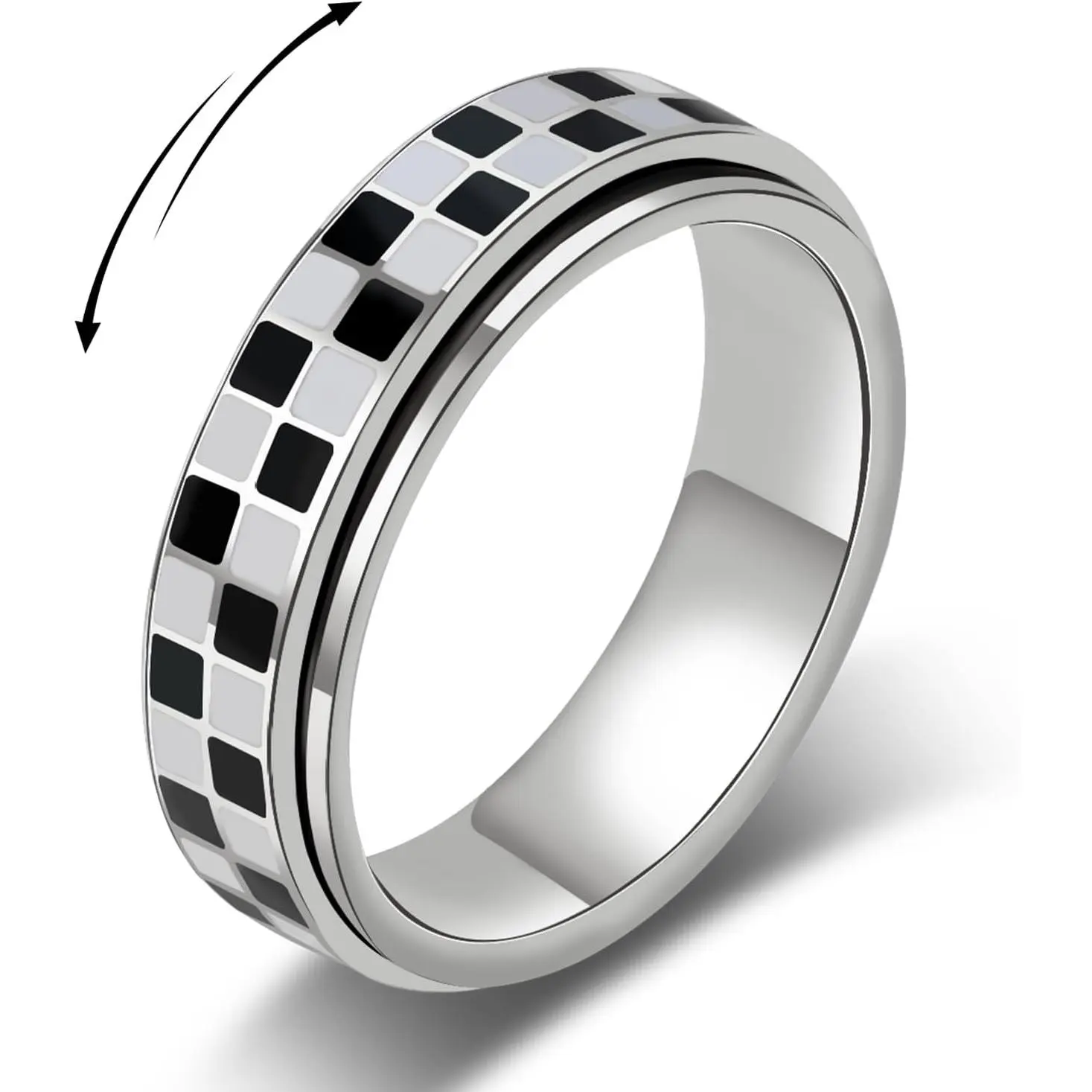 Checkered Fidget Ring for Adults - 18K Gold Plated Stainless Steel Rotating Spinner Jewelry, Anxiety & Stress Relief Gift for Women Men, Black and White Pattern, Fidget Jewelry