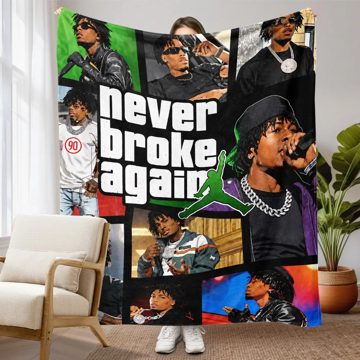 1pc Never Broke Again Rapper Collage Poster Fleece Blanket, Printed with Hip Hop Singer Photos, Vintage Patchwork, Trendy Slogan Jumpman Pattern Elements. Soft Warm Cozy Nap Blanket for Sofa, Bed, Office, Shawl, Camping & Travel, Ideal Christmas Gift.