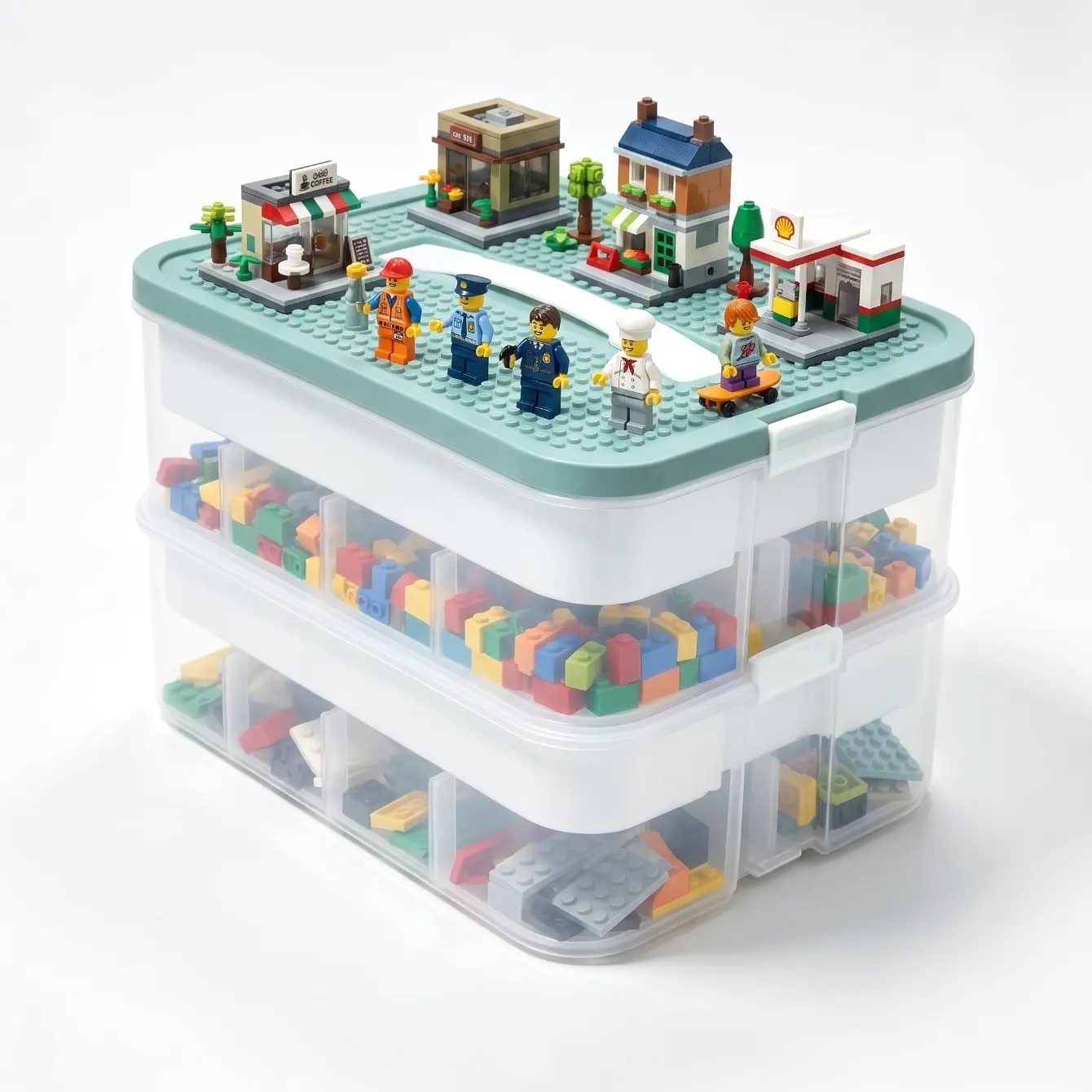 Toy Storage Organizer Box, Dual Layer Block Storage Box with Removable Tray, Plastic Toy Container, Kids Playroom Essentials, Durable Storage Organizer