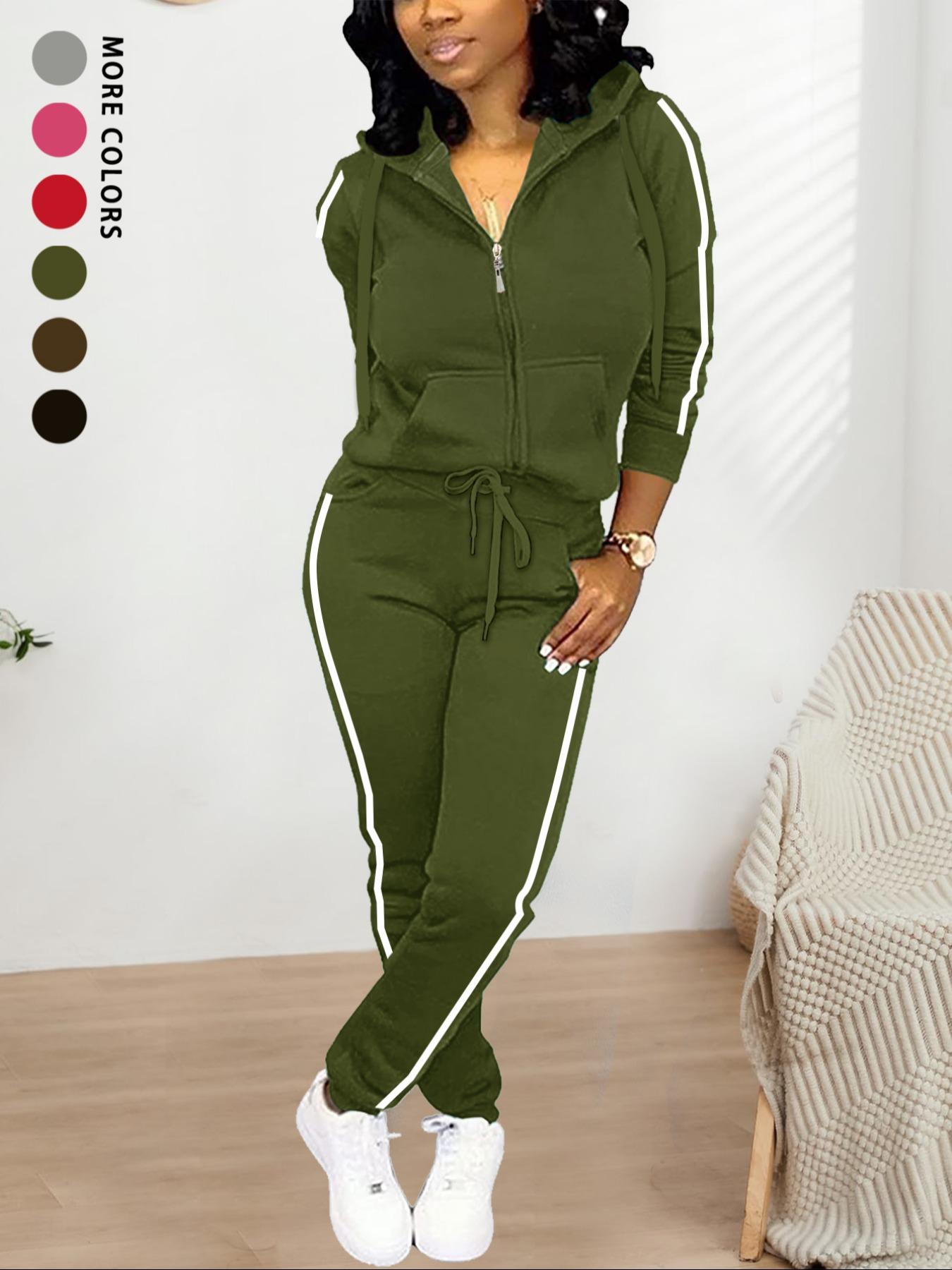 Women's Fall Winter Casual Fitted Two-Piece Set, Solid Color Hooded Zipper Sweatshirt & Long Pants, Comfortable Daily Wear, Womenswear