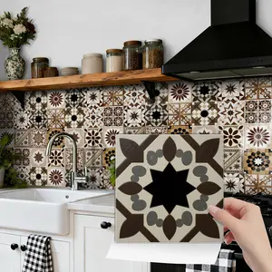 24PCS NHZ Vintage Brown White Moroccan Tile Stickers, PVC Crystal Film Glossy Wall Decals, Self Adhesive, Waterproof Oilproof, Removable No Residue for Kitchen Bathroom Bedroom Home Decor