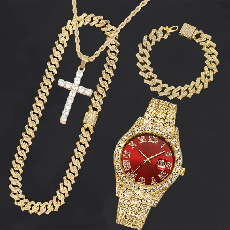 Moissanite Men's Rhinestone Wrist Watch & Cross Pendent Jewelry Set - 4pcs Set, Waterproof Quartz, Fashion Round Dial, Luxury Digital Vintage Watches reloj  para  hombres Iced Out Diamond Plated analog-digital watch high-end luxury business