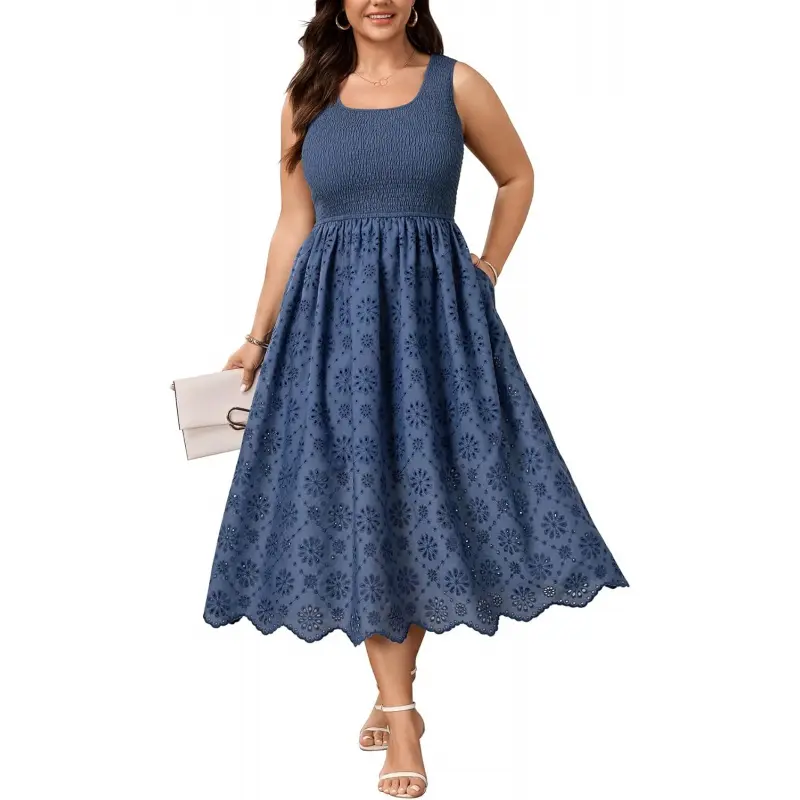 SHESTARR Women's Plus Size Lightweight Strappy Smocked Eyelet Sleeveless Elastic A-Line Maxi Dress, Maternity Day Casual Boho Beach Dress with Pockets, Everyday, Fits