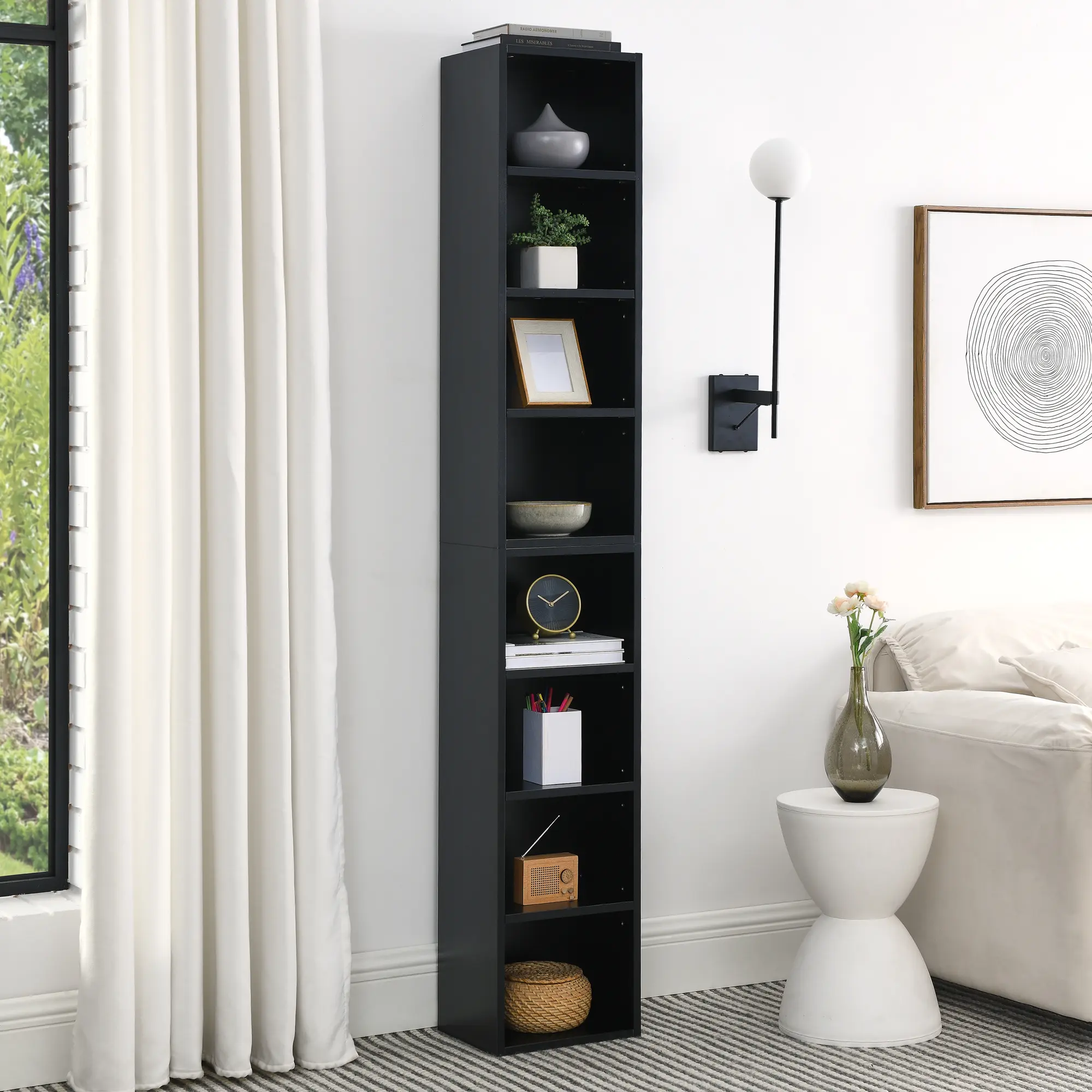 Nokaa 8-Tier Media Tower Rack, Slim CD DVD Storage Cabinet with Adjustable Shelves, Tall Narrow Bookcase Display Bookshelf for Home Office Living Room Bedroom, Black MDF